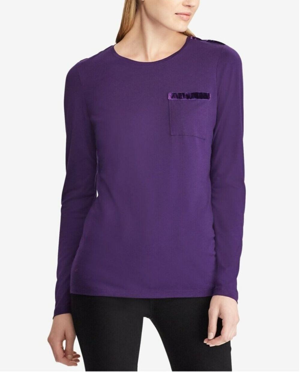 Lauren Ralph Lauren Shirt Top Essential Velvet Long Sleeve Purple Large Classic
